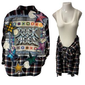 Upcycled Flannel Shirt Shacket Womens 1X Rocker Grunge Patchwork Folk Art Coast